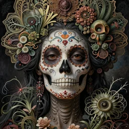 detailed realistic beautiful calaveras death goddess face portrait by jean delville, gustave dore, iris van herpen and marco mazzoni, art forms of nature by ernst haeckel, art nouveau, symbolist, visionary, gothic, neo - gothic, pre - raphaelite, fractal lace, intricate alien botanical biodiversity, surreality, hyperdetailed ultrasharp octane