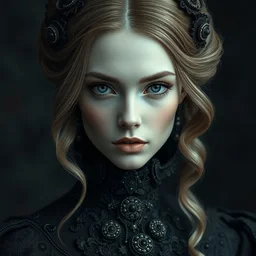 portrait of beautiful female model, perfect symmetrical face and looks, beautiful eyes, by irakli nadar with intricate detailed wearing victorian dress designed by alexander mcqueen and rocky gathercole, haunting, elite, elegant, ruan jia, dark, hyper detailed, concept art, by gustav klimt