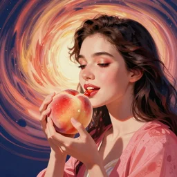 A beautiful illustration. In the dream, she is eating a peach, on Venus. The flesh is sweet and juicy, slightly bitter. It mingles with Sydan's taste in a delicious way. graphic design by Andy Warhol swirling