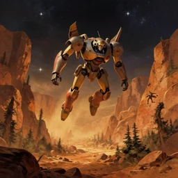 a large mecha flying through a rocky forest valley, underneath a star filled night sky, moebius, warm coloured, maschinen krieger, beeple, star trek, star wars, film, atmospheric perspective