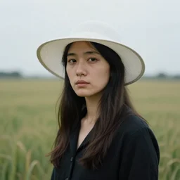 portrait of a woman in a field wearing a white bream hat, david hamilton photography