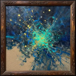 bioluminescent abstract oil painting mixed with sand in old carved wood with gold and silver ink splatters ( ( ( ( ( ( ( informalism ) ) ) ) ) complementary color scheme, daguerreotype, glitch art, great volume and textures with very strong brush strokes, highly detailed, intrincate, fantasy, elegant, octane, lumen unreal 5