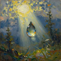 an intricate microscopic macro photograph of a magical dew-drop suspended in a sunbeam, painted in the style of the old masters, thick heavy impasto, expressive impressionist style, painted with a palette knife