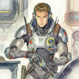 watercolor of a cyberpunk mechanic in the style of Ashley Wood and Moebius