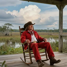 beautiful portrait of geer wilders with a redneck outfit sitting in a rocking chair on his front porch near a swamp landscape artstation majestic clouds