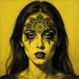 dramatic yellow matte portrait painting of woman with black mandelbrot fractal instead of face, horror, body horror, dark art, 4 k, detailed, realistic, psychotic, insane, crazy, mental illness, dramatic,