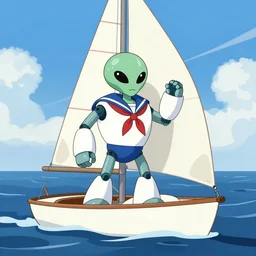 alien robot sailor  open sea in a sailboat character art trending on artstation