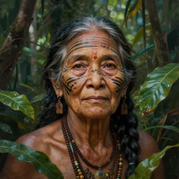 a beautiful painted portrait of an old woman in the jungle surrounded by leaves and plants, tribal face paintings, matte painting, fantasy art
