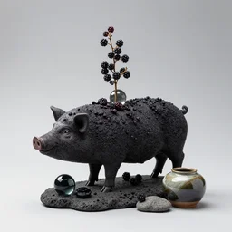 a pig - berry sculpture, blackberries, ikebana, obsidian and glass and pumice and japanese glazed pottery, zen,