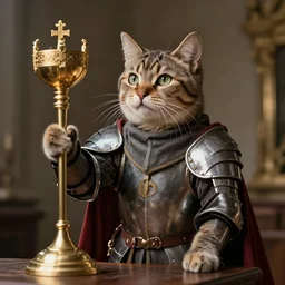 an amazing award winning photo of a cat as a knight templar protecting the holy grail, very detailed and sharp, 4k hdr, cinematic masterpiece