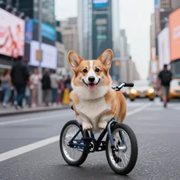 a photo of a corgi dog riding a bike in times square. it is wearing sunglasses and a beach hat.