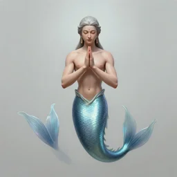 stunning artstation style portrait painting of a male mermaid bodhisattva, praying meditating, 8 k masterpiece, slim build, full body view, wide view cinematic lighting, pristine clean design, fantasy, insanely detailed, atmospheric