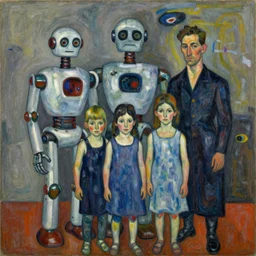 a painting of a robot family portrait by graham sutherland, egon schiele, basquiat, expressionism