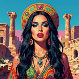 psychedelic portrait of woman in front of ancient city, faile style, shep fairey, obey giant