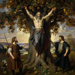 a painting of odin hanging from the world tree by gustav moreau, jean delville and  Gaston Bussiere