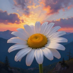 giant daisy flower head, in the mountains, surreal photography, sunrise, dramatic light, impressionist painting, colorful clouds, digital painting, artstation, simon stalenhag