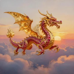 A dragon made of rubies and gold flying in sunset clouds, realistic oil painting