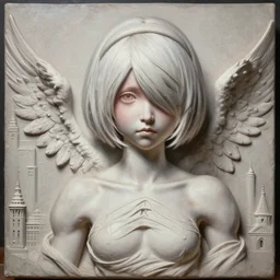 hybrid nierautomata painting, ambient lighting, infinitely detailed body and face, cute and fine face and body. angel relief, fine art, infinitely detailed architectures