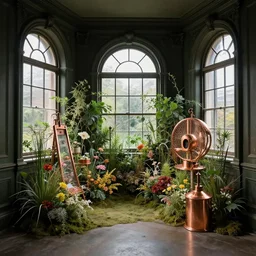 dark indoor vintage crazy flower garden with copper equipment in a cubic room with large victorian windows