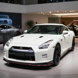 105mm photograph f1.8 full view mid distance front side view white Nissan GT-R showroom beautiful lighting from 2022