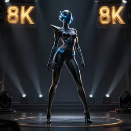game character design by illustrator of riot games, donato giancola and greg rutkowski. just one lonely black tape project show attctive showgirl!! full body!! future head set. contour light effect!! 8 k. stage light. octane render. sharp edge. ultra clear detailed