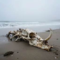 the decaying bones of a giant monster that have washed up on a cold foggy beach