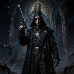 a portrait of a plague doctor gunslinger in the abyss of deep space photorealistic, detailed photography, divinity, awful, cosmic horror, religious art