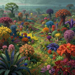 a field of lovecraftian color of the khalni garden, is a lush tangle of growth in the harsh lands of akoum. its plant growth is marvelously diverse : a brilliant spectrum of vibrant life, fantasy concept art by dan mumford and junji ito.