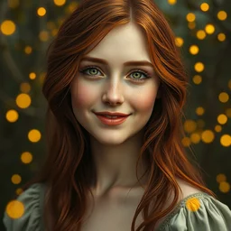 portrait of happy a young woman, among the lights of golden fireflies and nature, long loose red hair, intricate details, birght green eyes, freckles on the nose, round gentle face, romantic dress, deep focus, smooth, sharp, golden ratio, hyper realistic digital art by artemisia lomi gentileschi and caravaggio and leonardo da vinci and artgerm