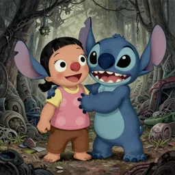 grunge drawing of lilo and stitch by - rick and morty , loony toons style, horror themed, detailed, elegant, intricate