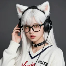 realistic beautiful gorgeous natural cute Blackpink Lalisa Manoban white hair cute fur white cat ears, wearing virgin killer sweaters elegant outfit, wearing headphones. wearing black leather choker, wearing glack glasses, golden eyes artwork drawn full HD 4K highest quality in artstyle by professional artists WLOP, Taejune Kim, Guweiz, ArtGerm on Artstation Pixiv