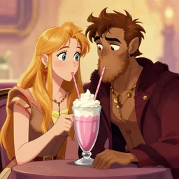 good omens gabriel and beelzebub drinking a milkshake from the same glass, romantic, fanart, tumblr, digital art