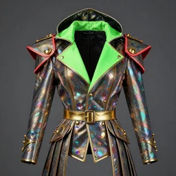 product photo of an insanely integrate elaborate shiny hooded steampunk livree jacket is textured with multicolored holographic circles and big green neon collar, golden belts and buttons, big shoulderpolsters with glowing red edges, detailed fold fall, 3 5 mm, nikon photography - w 1 0 2 4 - h 1 0 2 4 - n 4 - s 1 5 0