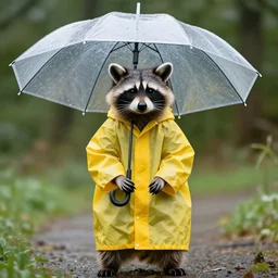 a raccoon in a yellow raincoat with a transparent umbrella