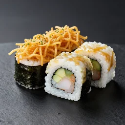 photo of sushi served with fried noodle