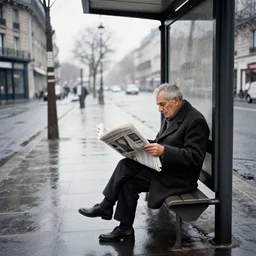 a photojournalism photograph of an old man sat at the bus stop reading the newspaper, on a french parisian street in the morning on a rainy day, by henri cartier bresson