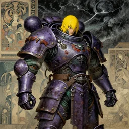 composition with beatiful mainem of gothic and futuristic, warhammer, cyber japan samurai armor, scars, more details, storm, yellow head, purple and green, the middle ages, highly detailed, artstation, in the style of moebius, jugendstil and classic japanese print, art by jean delville and rene magritte
