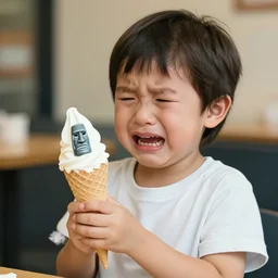 a very disgusted and crying kid holding and looking an ice cream cone with a small moai statue in the cone, 4 k photograph