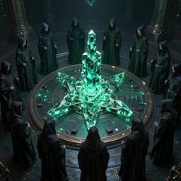 a quantum computer, geometric crystal wiring, emerald circuits, highly advanced technology surrounded by a dark cabal of multiple hooded elven mystics in long dark robes gathered in a circular formation, dan seagrave art, michael whelan, artstation, cgsociety