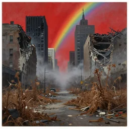 rundown streets of destroyed new york and overgrown with dead brown plants, debris on the floor, abandoned, sky is red, destroyed buildings, skyscrapers burnt down, scary mist, rainbow in the sky by peter elson, oil on canvas
