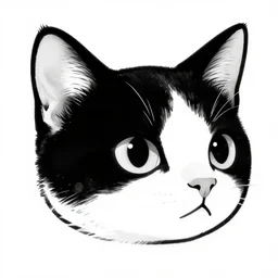 comic book style black and white art of a floating!! kitten head, white background