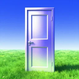 a door in a meadow with blue sky. 1 9 9 0's computer art. slick, futuristic details and design. colorful soft gradients, translucence. pre - 2 0 0 0 s era.