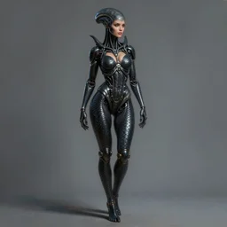 ultra realist intricate detailed painting of a single attractive alien female, full body, curvy, black scales and cyborg tech, hyperrealistic, soft lighting, octane render