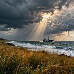 storm at sea, detailed, concept art, high detail, warm lighting, volumetric, godrays, vivid, beautiful, trending on artstation, by jordan grimmer, huge scene, grass, art greg rutkowski