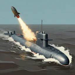 a realistic soviet era submarine launching an icbm in deep murky water, flat, matte, propganda poster, thalassophobia