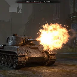 Sherman Tank firing a round, screenshot from the game 'Elder Scrolls 5: Skyrim'