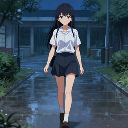 full - body anime girl by davinci walking through very scenic raining school courtyard at night, upper - body beautiful extremely detailed illustration, stunning face and eyes, pretty, perfect anatomy, pixiv gelbooru danbooru