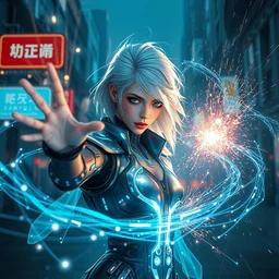 cyberpunk android sorceress casting a magical spell, magic lines of code in the air, scifi, special effects, beautiful girl, white hair, cinematic lighting, atmosphere, blade runner, sparks, energy shield, digital world, highly detailed, futuristic street, foggy weather, masterpiece, artstation, art by eddie mendoza and leif heanzo