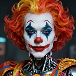 portrait of cyborg clown by sandra chevrier, by ibrahem swaid, cybernetics, glamor shot, closeup, vivid colours, hyper realistic detailed intricate render, hypermaximalist, ornate, epic composition, sharp focus, masterpiece