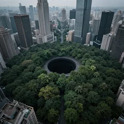 shrine of a black hole in the middle of sacred forest in the middle of skyscraper city. enigmatic photo